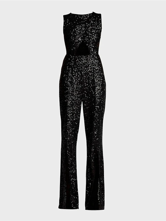 Women‘s Jumpsuit High Waist Sparkly Sequin Disco Queen Wedding Solid Color Round Neck Streetwear Party Street Regular Fit Sleeveless Black S M L Fall 2 Women‘s Jumpsuit High Waist Sparkly Sequin Disco Queen Wedding Solid Color Round Neck Streetwear Party Street Regular Fit Sleeveless Black S M L Fall - Image 2
