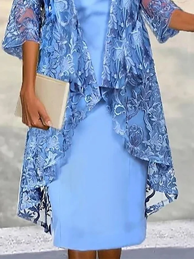 Women's Two Piece Dress Set Casual Dress Lace Dress Outdoor Date Fashion Elegant Lace Trim Midi Dress V Neck 3/4 Length Sleeve Plain Loose Fit Blue Fall Winter S M L XL XXL 3 Women's Two Piece Dress Set Casual Dress Lace Dress Outdoor Date Fashion Elegant Lace Trim Midi Dress V Neck 3/4 Length Sleeve Plain Loose Fit Blue Fall Winter S M L XL XXL - Image 3