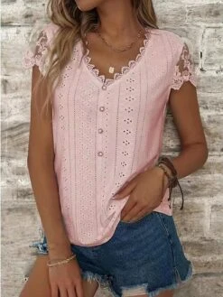 Women's Shirt Blouse Pale Pinkish Gray Black White Plain Lace Button Short Sleeve Casual Basic V Neck Regular Fit -Cheap Plus Fit Dress Store kqvyel1681904305717