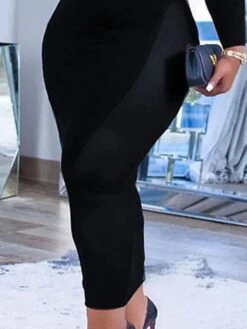 Women's Plus Size Curve Party Dress Bodycon Sheath Dress Plain Long Dress Maxi Dress Long Sleeve Mesh Cut Out Crew Neck Fashion Party Black Fall Winter L XL XXL 3XL 4XL -Cheap Plus Fit Dress Store krimec1694151478081