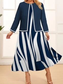 Women‘s Plus Size Curve Two Piece Dress Set Casual Dress Swing Dress Outdoor Office Fashion Streetwear Print Midi Dress Crew Neck Long Sleeve Geometric Color Block Regular Fit Black Navy Blue -Cheap Plus Fit Dress Store krlttr1692078973090