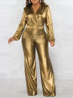 Women's Jumpsuit High Christmas Waist Solid Color V Neck Streetwear Party Xmas Street Regular Fit Long Sleeve Gold Green S M L Fall -Cheap Plus Fit Dress Store krxjsn1695281837259