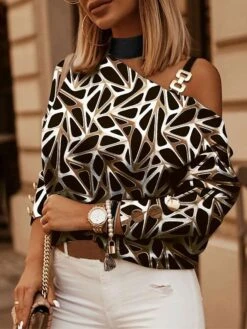 Women's Shirt Blouse Black Brown Khaki Geometric Cut Out Print Long Sleeve Casual Daily Basic One Shoulder Regular Fit Geometric Fall & Winter