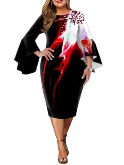 Women‘s Plus Size Curve Party Dress Floral Crew Neck Ruffle Long Sleeve Fall Spring Elegant Prom Dress Knee Length Dress Formal Going Out Dress Work Dress Print -Cheap Plus Fit Dress Store kteasm1637056701012