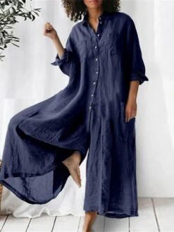 Women's Jumpsuits CasualFall Button Pocket Solid Color Shirt Collar Streetwear Street Daily Loose Fit Long Sleeve Blue Green Khaki S M L Summer -Cheap Plus Fit Dress Store ktpayi1681106903868