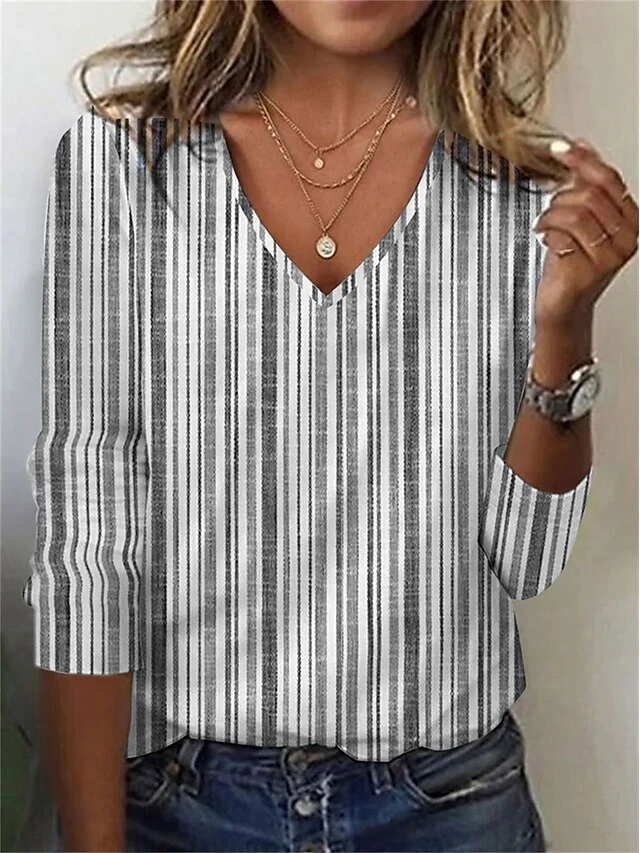 Women's T Shirt Tee Yellow Light Green Blue Striped Print Long Sleeve Daily Weekend Basic V Neck Regular Fit Painting Fall & Winter 7 Women's T Shirt Tee Yellow Light Green Blue Striped Print Long Sleeve Daily Weekend Basic V Neck Regular Fit Painting Fall & Winter - Image 7