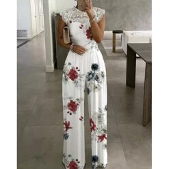 Women's Jumpsuit Lace Print Floral Crew Neck Elegant Daily Holiday Straight Regular Fit Sleeveless Beige White S M L Spring -Cheap Plus Fit Dress Store ktyxgw1651128820014