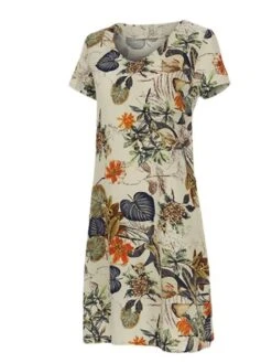 Women's Casual Dress Cotton Linen Dress A Line Dress Midi Dress Cotton Blend Basic Classic Outdoor Daily Vacation V Neck Short Sleeve Summer Spring 2023 Loose Fit Apricot Leaf Floral M L XL 2XL -Cheap Plus Fit Dress Store ktzgzv1676517684406