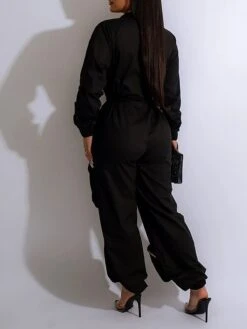 Women's Jumpsuit Zipper Pocket Solid Color Shirt Collar Streetwear Street Daily Regular Fit Sleeveless Black White S M L Fall -Cheap Plus Fit Dress Store kuttkl1695368317721