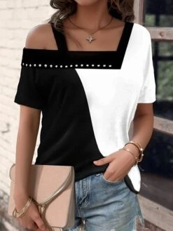 Women's T Shirt Tee Black Blue Green Color Block Print Short Sleeve Casual Daily Going Out One-Shoulder One Shoulder Off Shoulder Regular Fit Geometric Cold Shoulder