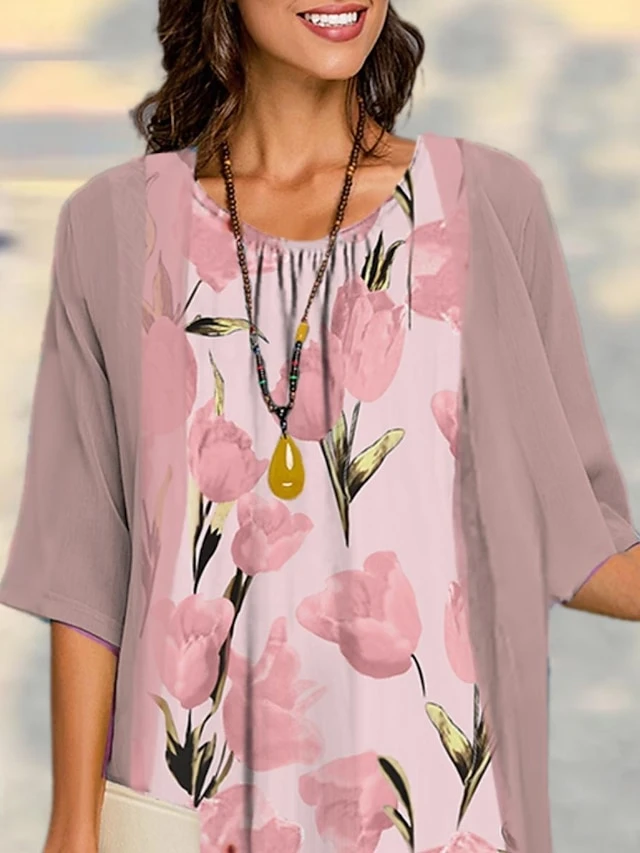 Women's Two Piece Dress Set Casual Dress Daily Vacation Modern Casual Print Midi Dress Crew Neck Half Sleeve Graphic Floral Loose Fit Pink Summer Spring S M L XL XXL 2 Women's Two Piece Dress Set Casual Dress Daily Vacation Modern Casual Print Midi Dress Crew Neck Half Sleeve Graphic Floral Loose Fit Pink Summer Spring S M L XL XXL - Image 2
