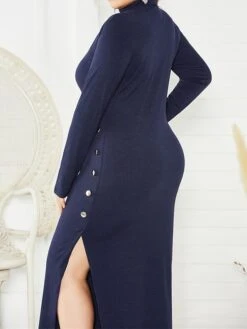 Women's Plus Size Curve Casual Dress Sweater Dress Sheath Dress Plain Midi Dress Long Sleeve Button Split Stand Collar Fashion Daily Black Wine Fall Winter XL XXL 3XL 4XL 5XL -Cheap Plus Fit Dress Store kvlufb1694151472702