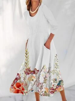 Women's Casual Dress Cotton Linen Dress Swing Dress Maxi Long Dress Polyester Fashion Casual Daily Outdoor Daily Vacation V Neck Split Print Long Sleeve Summer Spring Fall 2023 Loose Fit White Navy -Cheap Plus Fit Dress Store kwfrez1690539144214