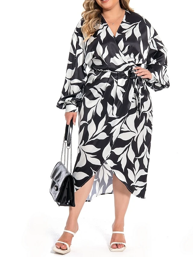 Women's Plus Size Curve Work Dress Satin Dress Wrap Dress Floral Midi Dress Long Sleeve Split V Neck Fashion Office Black Fall Winter L XL XXL 3XL 4XL 7 Women's Plus Size Curve Work Dress Satin Dress Wrap Dress Floral Midi Dress Long Sleeve Split V Neck Fashion Office Black Fall Winter L XL XXL 3XL 4XL - Image 7