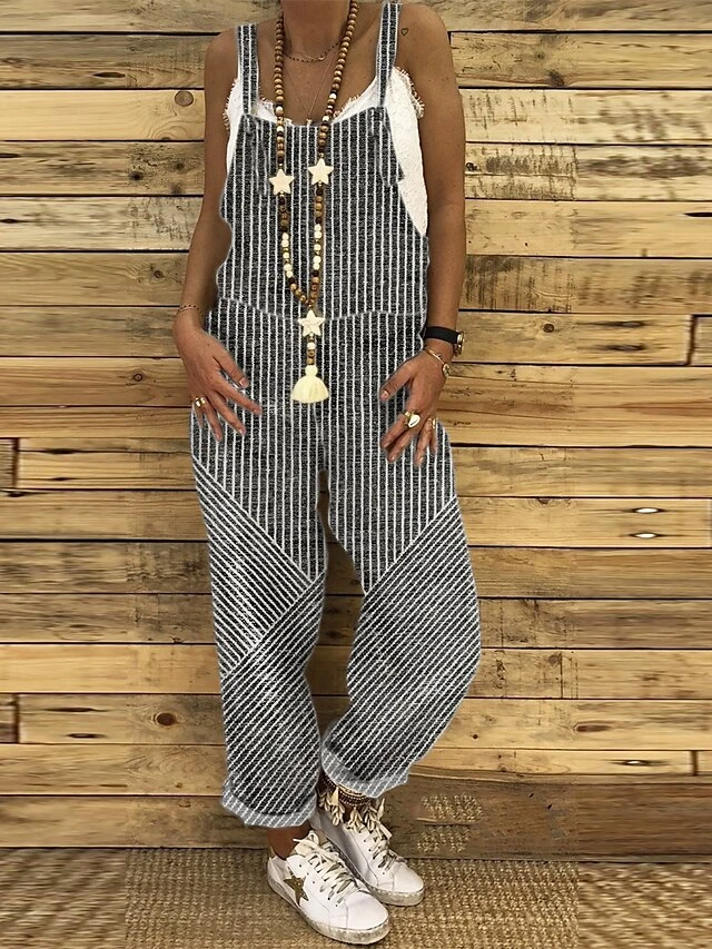 Jumpsuit For Woman CasualOverall Pocket Print Striped Holiday Daily Vacation Straight Regular Fit Sleeveless Sleeveless Black White Red S M L Summer 5 Jumpsuit For Woman CasualOverall Pocket Print Striped Holiday Daily Vacation Straight Regular Fit Sleeveless Sleeveless Black White Red S M L Summer - Image 5