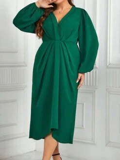 Women's Plus Size Curve Casual Dress A Line Dress Plain Midi Dress Long Sleeve Ruched V Neck Fashion Outdoor Green Fall Winter XL XXL 3XL 4XL -Cheap Plus Fit Dress Store kwlvcd1695279807269