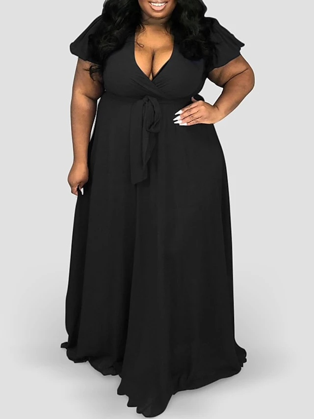 Women‘s Plus Size Curve Holiday Dress Solid Color V Neck Short Sleeve Spring Summer Casual Maxi Long Dress Daily Vacation Dress 1 Women‘s Plus Size Curve Holiday Dress Solid Color V Neck Short Sleeve Spring Summer Casual Maxi Long Dress Daily Vacation Dress
