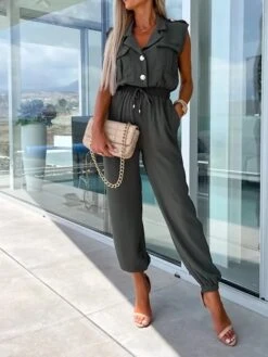 Women's Jumpsuit Button Pocket Solid Color Shirt Collar Streetwear Street Daily Regular Fit Short Sleeve Black White Green S M L Summer -Cheap Plus Fit Dress Store kwxmpq1688455469241