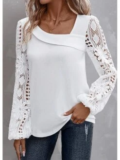 Women's Shirt Blouse White Plain Lace Long Sleeve Casual Fashion V Neck Regular Fit Spring &Fall