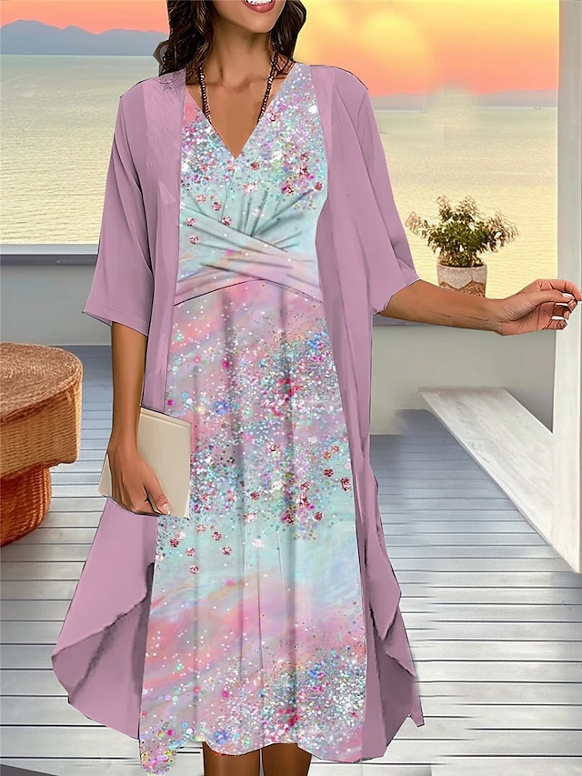 Women's Two Piece Dress Set Casual Dress Chiffon Dress Outdoor Daily Fashion Streetwear Knot Front Print Midi Dress V Neck 3/4 Length Sleeve Floral Plaid Regular Fit Silver Blue Purple Fall Winter S 4 Women's Two Piece Dress Set Casual Dress Chiffon Dress Outdoor Daily Fashion Streetwear Knot Front Print Midi Dress V Neck 3/4 Length Sleeve Floral Plaid Regular Fit Silver Blue Purple Fall Winter S - Image 4