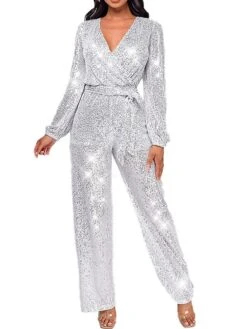 Women's Jumpsuit Lace Up Patchwork Solid Color V Neck Streetwear Party Street Regular Fit Long Sleeve Claret Champagne Gold Silver White S M L Fall -Cheap Plus Fit Dress Store kxreff1697766340641