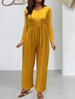 Women's Jumpsuit Pocket Solid Color Crew Neck Streetwear Street Daily Straight Regular Fit Long Sleeve Black Yellow Red S M L Fall -Cheap Plus Fit Dress Store kxzgnz1692615951512