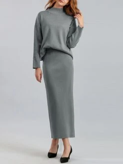 Women's Two Piece Dress Set Casual Dress Skirt Set Outdoor Daily Fashion Streetwear Split Ribbed Midi Dress Turtleneck Long Sleeve Plain Loose Fit Black Light Green Blue Fall One-Size