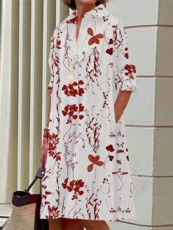 Women's Shirt Dress Casual Dress Midi Dress Outdoor Office Daily Polyester Fashion Modern Shirt Collar Button Pocket Long Sleeve Summer Spring Fall 2023 Loose Fit White Yellow Red Floral S M L XL 2XL -Cheap Plus Fit Dress Store kypjhp1690436816289