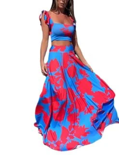 Women's Dress Set Two Piece Dress Skirt Set Long Dress Maxi Dress Yellow Fuchsia Sleeveless Floral Backless Summer Spring V Neck Vacation Slim 2023 S M L XL XXL -Cheap Plus Fit Dress Store kyptch1645527799414