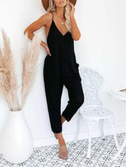 One Piece Jumpsuits For Women Solid Color Patch Pocket V Neck Casual Daily Vacation Regular Fit Sleeveless Black Pink Red S M L Spring -Cheap Plus Fit Dress Store kyxqyz1673431113107