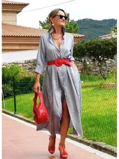 Women's Shirt Dress Casual Dress Maxi Long Dress Outdoor Winter Dress Daily Cotton Cotton And Linen Fashion Casual Shirt Collar Lace Up Pocket Long Sleeve Summer Spring Fall 2023 Regular Fit Pink -Cheap Plus Fit Dress Store kzcknv1695105906314