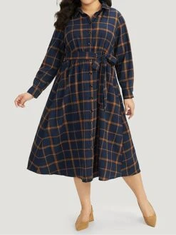 Women's Plus Size Curve Shirt Dress Casual Dress Swing Dress Plaid Midi Dress Long Sleeve Lace Up Button Shirt Collar Fashion Outdoor Dark Blue Fall Winter L XL 2XL 3XL 4XL -Cheap Plus Fit Dress Store kzqzsd1697164756284