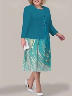 Women's Plus Size Curve Two Piece Dress Set Casual Dress Swing Dress Outdoor Office Fashion Streetwear Print Midi Dress Crew Neck Long Sleeve Ombre Marble Print Pink Dark Pink Royal Blue Fall