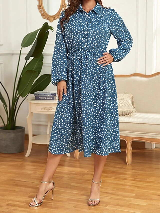 Women's Plus Size Shirt Dress Casual Dress Tunic Dress Midi Dress Outdoor Daily Date Polyester Basic Classic Shirt Collar Button Print Long Sleeve Spring Fall Winter 2023 Loose Fit Blue Floral XL 2XL 1 Women's Plus Size Shirt Dress Casual Dress Tunic Dress Midi Dress Outdoor Daily Date Polyester Basic Classic Shirt Collar Button Print Long Sleeve Spring Fall Winter 2023 Loose Fit Blue Floral XL 2XL