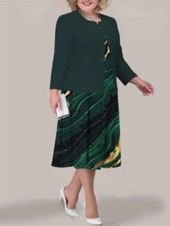 Women's Plus Size Curve Two Piece Dress Set Casual Dress Swing Dress Outdoor Office Fashion Streetwear Print Midi Dress Crew Neck Long Sleeve Ombre Marble Print Pink Dark Pink Royal Blue Fall -Cheap Plus Fit Dress Store lakxka1692942154720