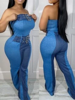 Women‘s Jumpsuit Backless Denim Patchwork Color Block Strapless Streetwear Street Club Regular Fit Sleeveless Blue S M L Summer