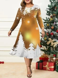 Women's Christmas Plus Size Curve Casual Dress Skater Dress A Line Dress Christmas Tree Snowflake Midi Dress Long Sleeve Print Crew Neck Fashion Outdoor Black Red Fall Winter L XL XXL 3XL 4XL -Cheap Plus Fit Dress Store lbjdcm1695350914691