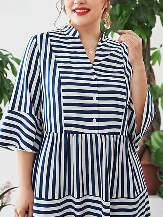 Women's Shirt Dress Casual Dress Maxi Long Dress Outdoor Daily Date Cotton Polyester Fashion Basic Stand Collar Patchwork Button Long Sleeve Fall 2023 Loose Fit Blue Striped L XL 2XL 3XL 4XL 2 Women's Shirt Dress Casual Dress Maxi Long Dress Outdoor Daily Date Cotton Polyester Fashion Basic Stand Collar Patchwork Button Long Sleeve Fall 2023 Loose Fit Blue Striped L XL 2XL 3XL 4XL - Image 2