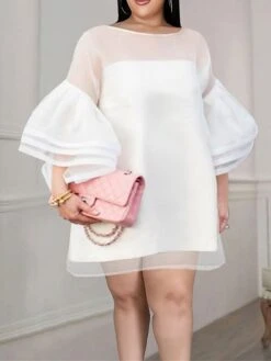 Women's Plus Size Curve Party Dress Cocktail Dress White Dress Plain Mini Dress 3/4 Length Sleeve Mesh Crew Neck Fashion Party White Fall Winter XL XXL 3XL 4XL