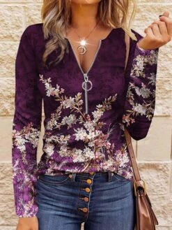 Women's T Shirt Tee Blue Purple Brown Floral Quarter Zip Print Long Sleeve Holiday Weekend Fashion Daily Basic V Neck Regular Fit Floral Painting Fall & Winter 7 Women's T Shirt Tee Blue Purple Brown Floral Quarter Zip Print Long Sleeve Holiday Weekend Fashion Daily Basic V Neck Regular Fit Floral Painting Fall & Winter -Cheap Plus Fit Dress Store lccaqf1690888164377