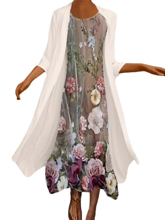 Women's Dress Set Two Piece Dress Chiffon Dress Midi Dress Beige 3/4 Length Sleeve Floral Chiffon Fall Winter Autumn Crew Neck Stylish Loose Fit 2023 M L XL XXL 3XL 4XL 5XL 2 Women's Dress Set Two Piece Dress Chiffon Dress Midi Dress Beige 3/4 Length Sleeve Floral Chiffon Fall Winter Autumn Crew Neck Stylish Loose Fit 2023 M L XL XXL 3XL 4XL 5XL - Image 2