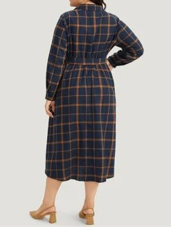 Women's Plus Size Curve Shirt Dress Casual Dress Swing Dress Plaid Midi Dress Long Sleeve Lace Up Button Shirt Collar Fashion Outdoor Dark Blue Fall Winter L XL 2XL 3XL 4XL -Cheap Plus Fit Dress Store lendwk1697164754695