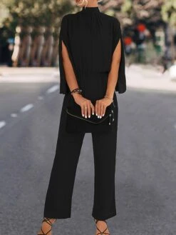 Women's Jumpsuit High Waist Solid Color Stand Collar Streetwear Work Street Xmas Regular Fit 3/4 Length Sleeve Black Green S M L Fall -Cheap Plus Fit Dress Store lesttc1695025399732