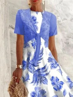 Women's Two Piece Dress Set Casual Dress Swing Dress Outdoor Daily Fashion Elegant Lace Up Print Long Dress Maxi Dress Crew Neck Short Sleeve Floral Regular Fit Blue Summer Spring S M L XL XXL -Cheap Plus Fit Dress Store lethiw1684150729106