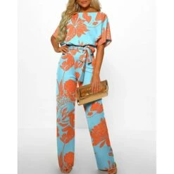 Jumpsuits For Women Summer Lace Up Print Floral Crew Neck Formal Party Prom Straight Regular Fit Half Sleeve Light Blue S M L Spring Fall