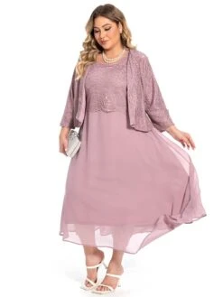 Women‘s Plus Size Curve Dress Set Solid Color Crew Neck Half Sleeve Spring Fall Elegant Maxi Long Dress Formal Party Dress -Cheap Plus Fit Dress Store lexdjo1694771126056