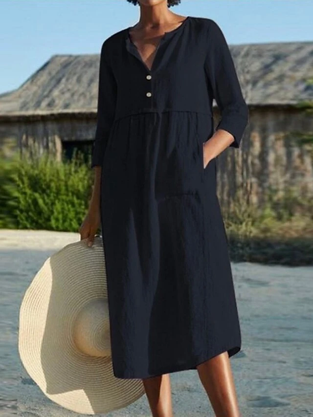 Women's Cotton Linen Dress Shift Dress A Line Dress Maxi Long Dress Linen Cotton Blend Hot Casual Daily Vacation Shirt Collar Pocket 3/4 Length Sleeve Summer Spring Linen Loose Fit Black Pink Wine 2 Women's Cotton Linen Dress Shift Dress A Line Dress Maxi Long Dress Linen Cotton Blend Hot Casual Daily Vacation Shirt Collar Pocket 3/4 Length Sleeve Summer Spring Linen Loose Fit Black Pink Wine - Image 2