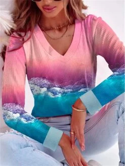 Women's T Shirt Tee Yellow Pink Peach Graphic Print Long Sleeve Daily Weekend Daily Basic Neon & Bright V Neck Regular Fit Painting Fall & Winter