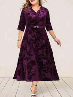 Women‘s Plus Size Curve Party Dress Cocktail Dress Wedding Guest Dress Midi Dress Wine Blue Purple 3/4 Length Sleeve Pure Color Jacquard Spring Fall Winter V Neck Fashion Winter Dress Wedding Guest -Cheap Plus Fit Dress Store lggwsr1691403019737
