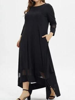 Women‘s Plus Size Curve Casual Dress Pure Color Crew Neck 3/4 Length Sleeve Spring Fall Casual Maxi Long Dress Daily Vacation Dress Black Dress -Cheap Plus Fit Dress Store lgjlkc1666950759525